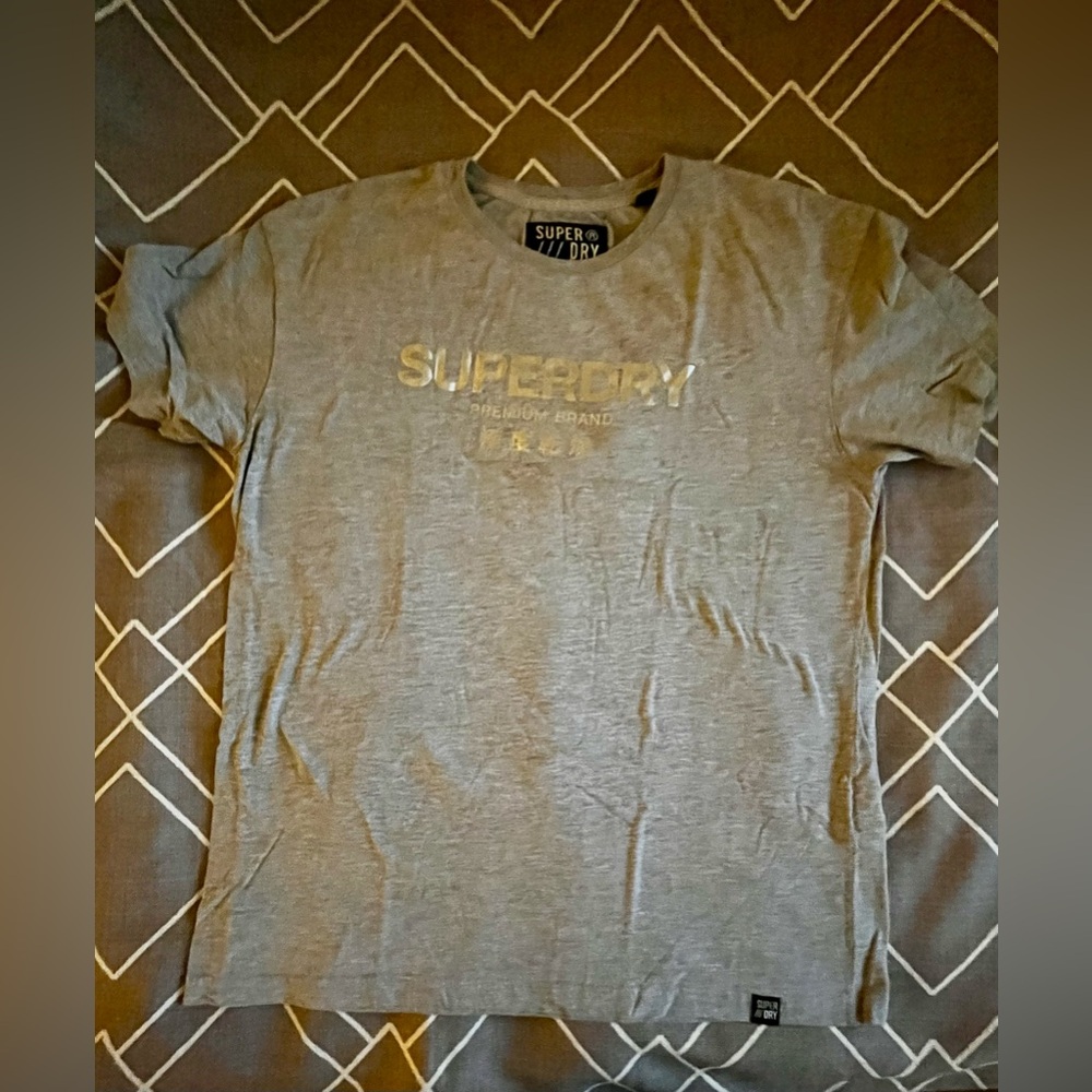 Superdry Heather Gray Tee with Metallic Gold Print